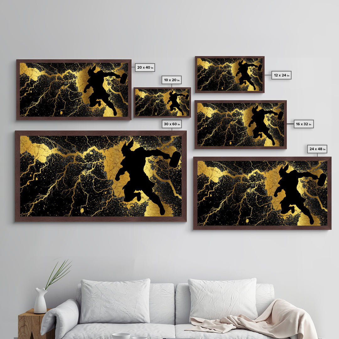 Viking Thor with Mjolnir Metallic Gold Art, Norse Mythology Metal Art Wall Decor for Man Cave or Dad Gift, framed in solid wood