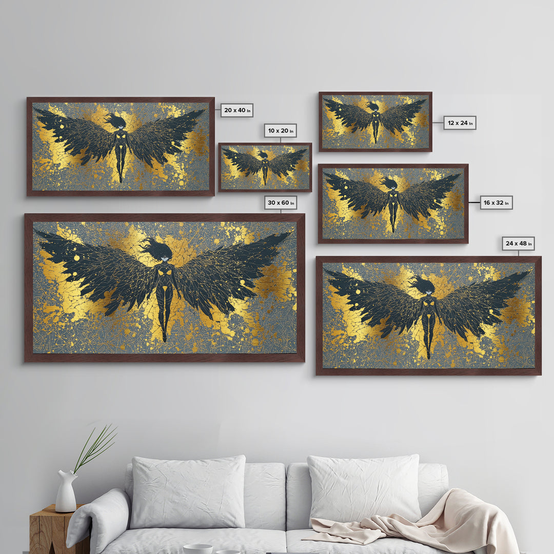 Metal Art Valkyrie Angel Metallic Gold Art, Norse Mythology Wall Hanging framed in Natural Wood, Dad Gift or Office Decor