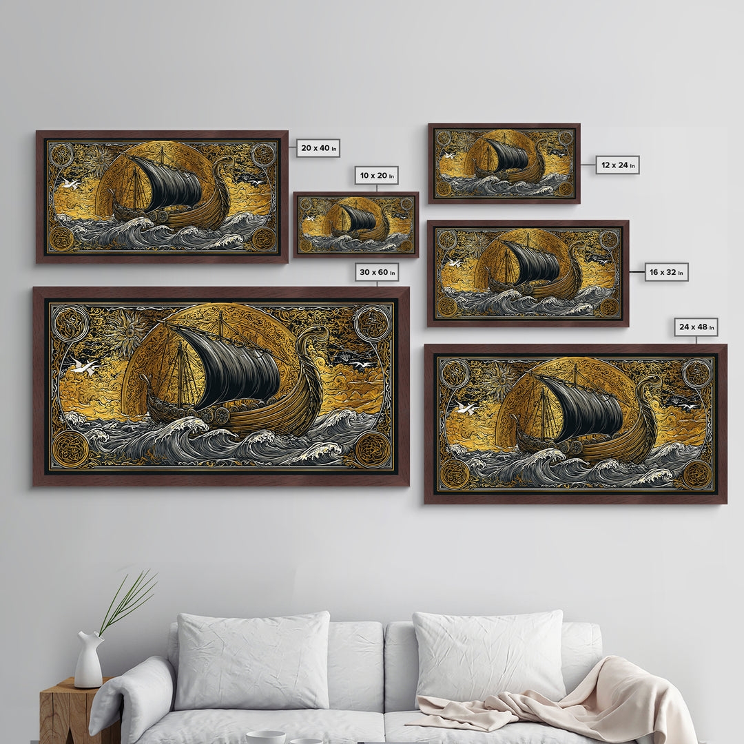 Viking Ship Metallic Gold Art Metal Art, Norse Longboat Sailing Wall Decor with Real Wood Frame, Nordic Mythology Office Artwork