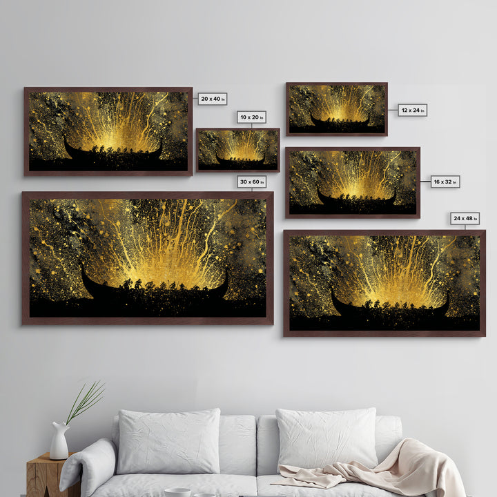 Metal Art Viking Longship Metallic Gold Art, Nordic Seafaring Norse Decor in Real Wood Frame, Man Cave or Office Wall Hanging