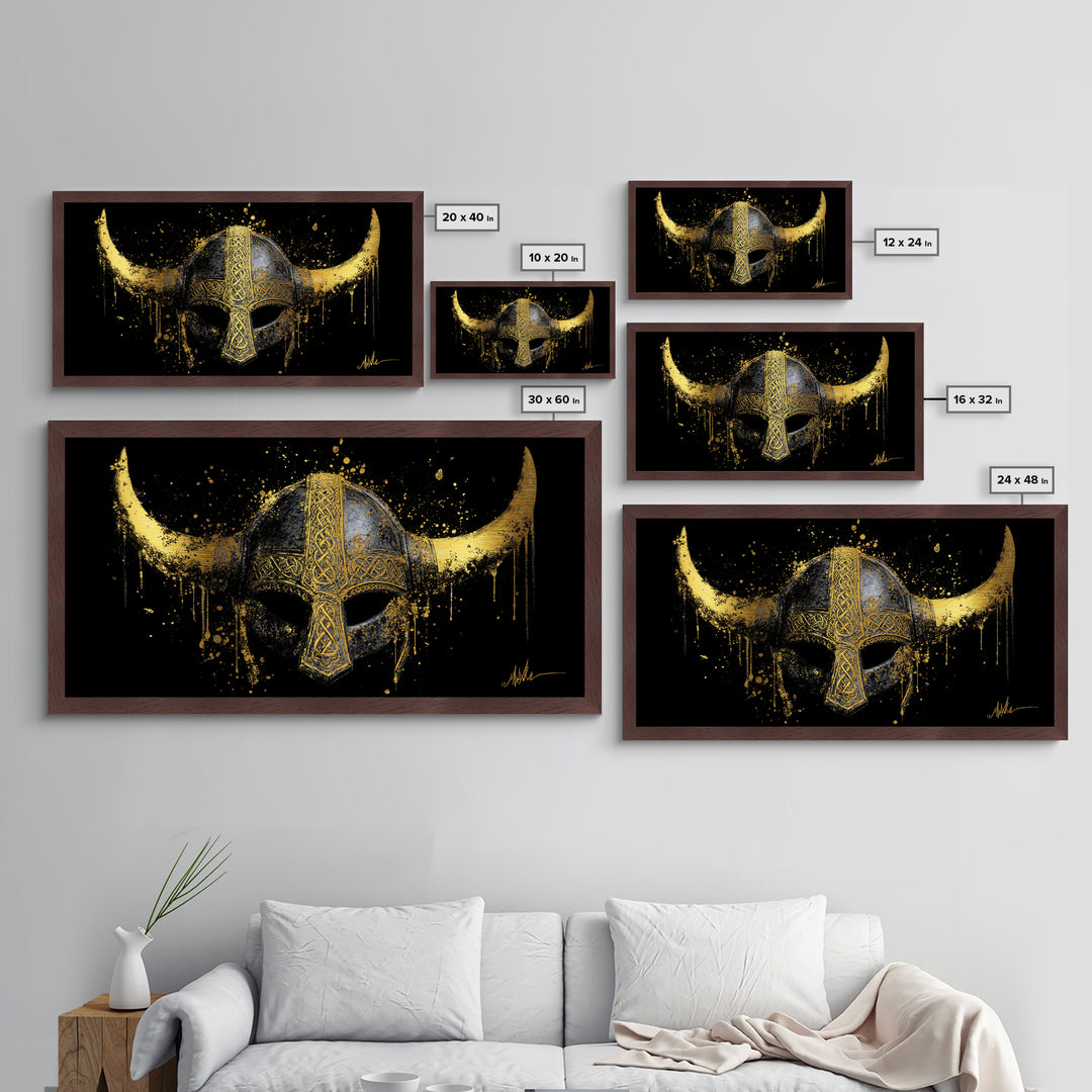Nordic Valkyrie Metallic Gold Art Metal Art, Norse Goddess Warrior Silhouette with Wings, Man Cave Wall Art in Real Wood Frame