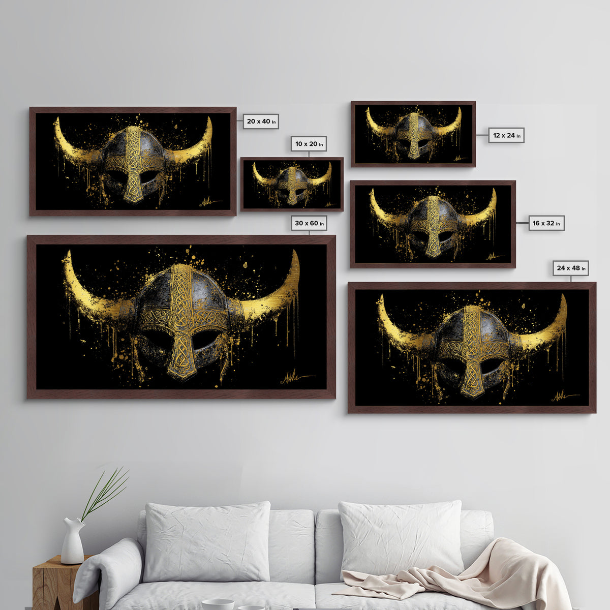 Nordic Valkyrie Metallic Gold Art Metal Art, Norse Goddess Warrior Silhouette with Wings, Man Cave Wall Art in Real Wood Frame