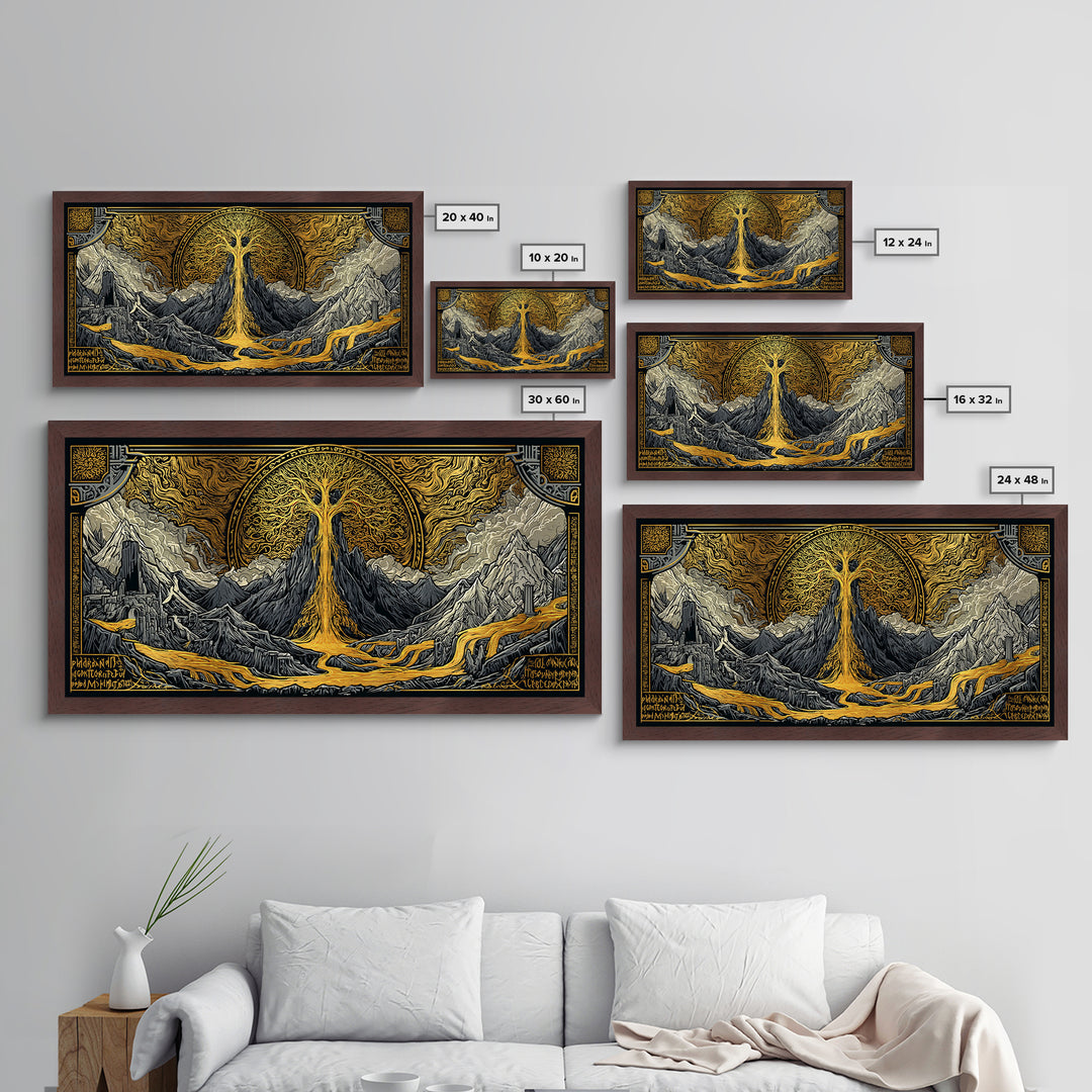 Yggdrasil Metallic Gold Art Metal Art, Norse World Tree of Life Wall Decor framed in Natural Wood, Nordic Mythology Office Artwork