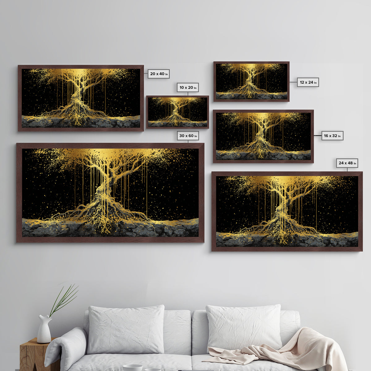 Norse Yggdrasil Tree of Life Metallic Gold Art Metal Art | Nordic Mythology Office Wall Decor Man Cave Gift in natural wood frame