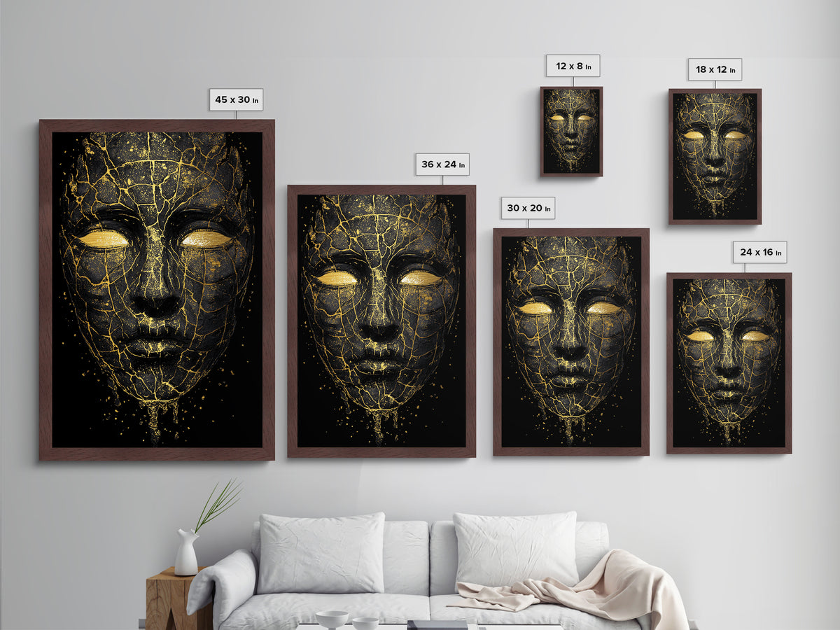 Cracked Mask Metallic Gold Art Metal Art | Norse Mythology Symbolic Face Wall Decor | Viking Pagan Office or Man Cave Art Framed in Wood