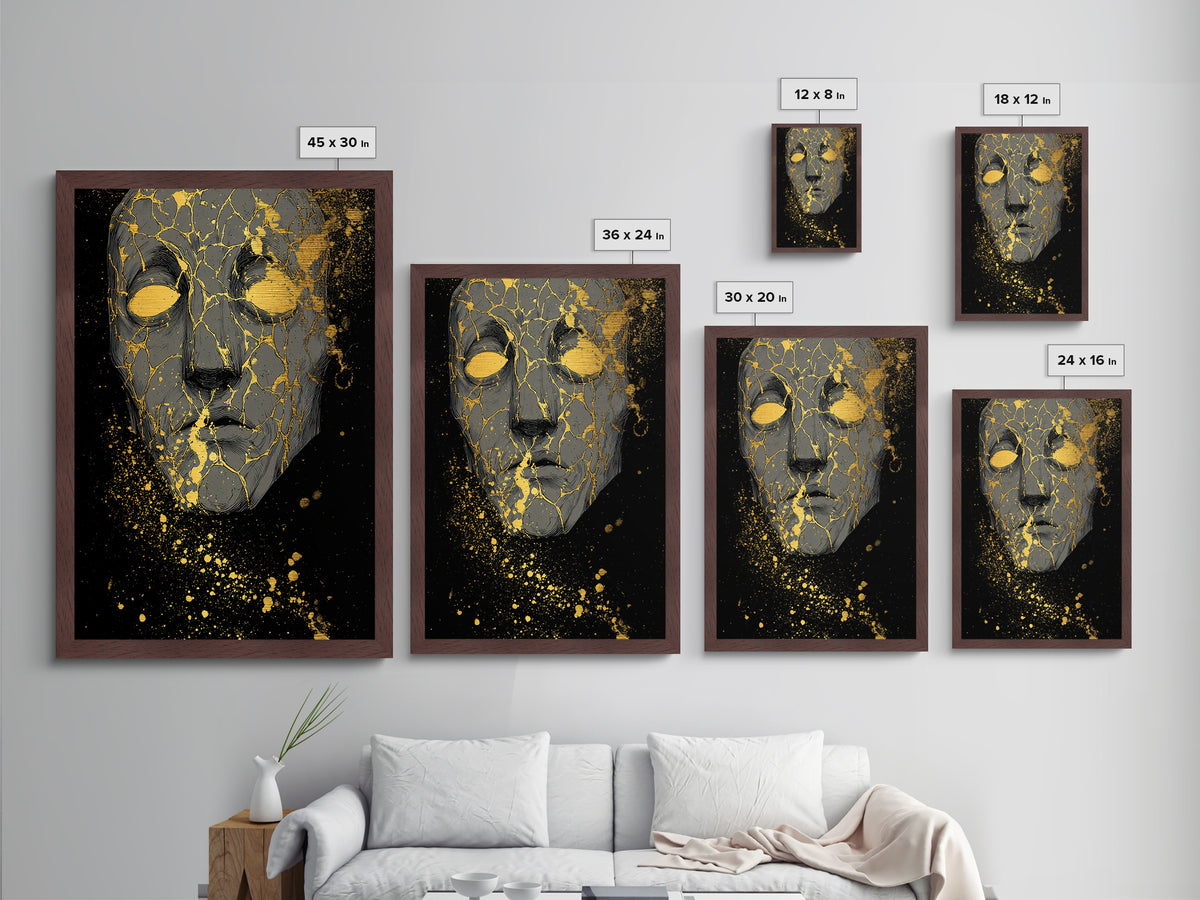 Metallic Gold Art Metal Art Norse Mythology Mask Design, Nordic Wall Decor with Real Wood Frame for Office or Dad Gift