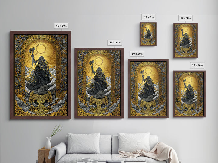 Thor with Hammer Nordic God Metallic Gold Art Metal Art Norse Mythology Wall Art Office or Man Cave Decor in wood frame
