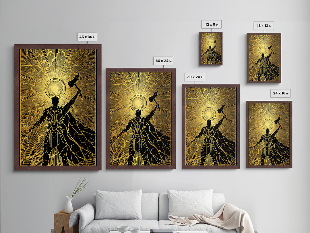 Norse God Thor Lightning Hammer Metallic Gold Art Metal Art Nordic Mythology Office Wall Art Man Cave framed in wood