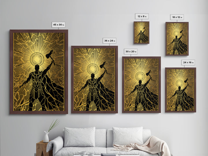 Norse God Thor Lightning Hammer Metallic Gold Art Metal Art Nordic Mythology Office Wall Art Man Cave framed in wood