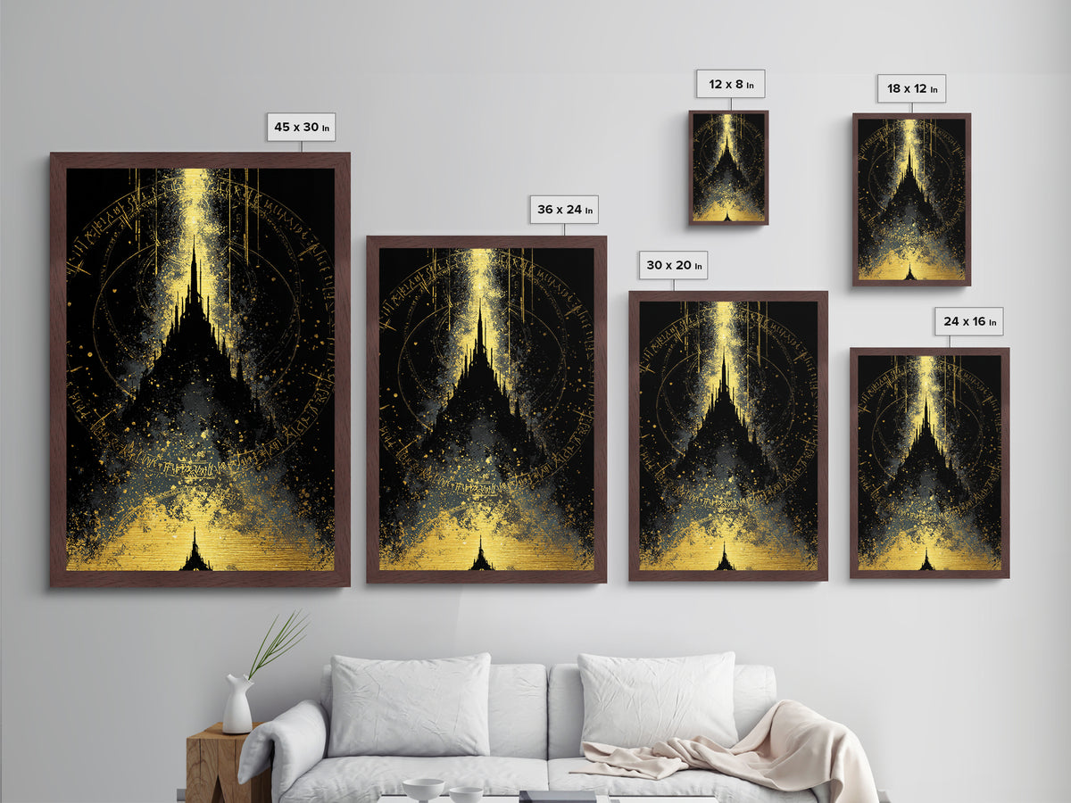 Mystical Asgard Silhouette Metallic Gold Art Metal Art Nordic Mythology Fantasy Castle Wall Decor, framed in natural wood style