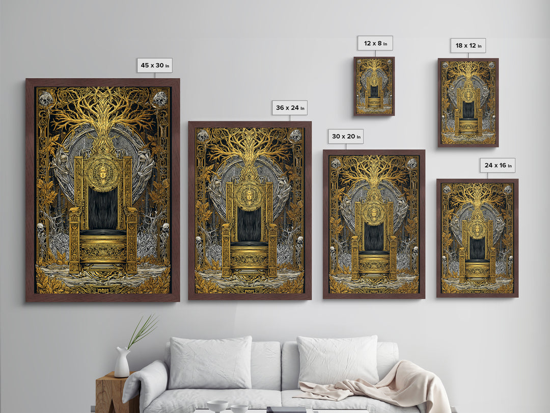 Nordic Throne Metallic Gold Art Metal Art Viking Mythology Wall Decor, Norse Royal Seat Wall Art framed in wood for Office Gift