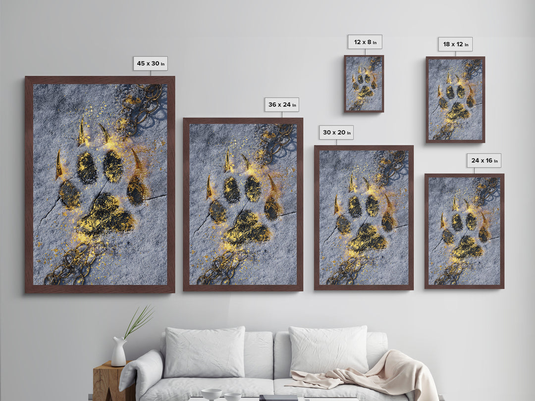 Fenrir’s Paw Print Metallic Gold Art Metal Art Norse Wolf Mythology Wall Decor, Viking Office Art framed with real wood for Men