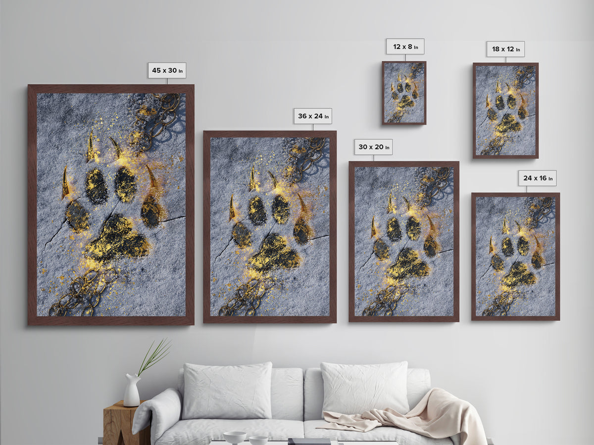 Fenrir’s Paw Print Metallic Gold Art Metal Art Norse Wolf Mythology Wall Decor, Viking Office Art framed with real wood for Men