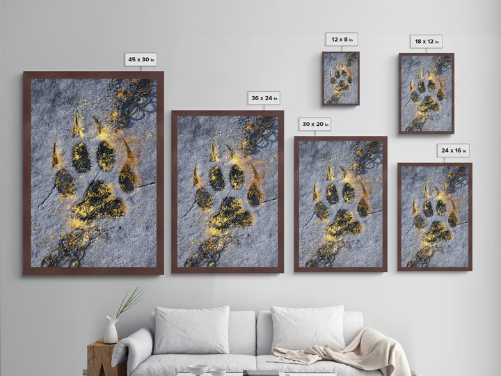 Fenrir’s Paw Print Metallic Gold Art Metal Art Norse Wolf Mythology Wall Decor, Viking Office Art framed with real wood for Men