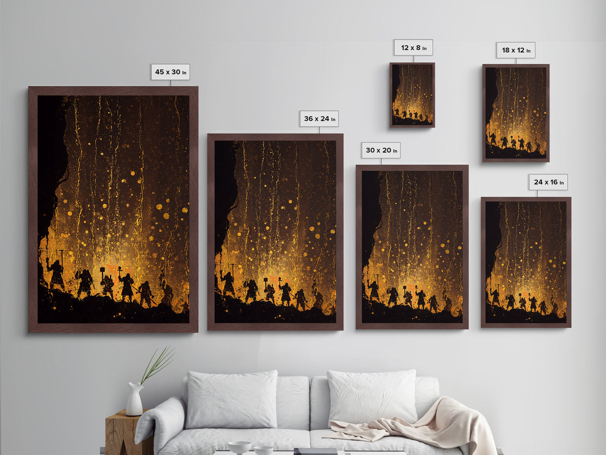 Norse Dwarves Warrior Silhouette Metallic Gold Art Metal Art Nordic Mythology Man Cave Wall Decor framed in natural wood