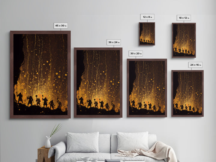Norse Dwarves Warrior Silhouette Metallic Gold Art Metal Art Nordic Mythology Man Cave Wall Decor framed in natural wood
