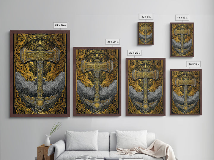 Thor’s Hammer Mjölnir Intricate Nordic Design Metallic Gold Art Metal Art Norse Mythology Man Cave Wall Art framed in oak