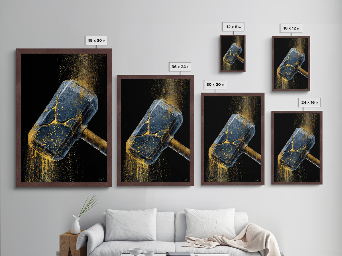 Norse Hammer Metallic Gold Art Metal Art Nordic Mythology Office Decor Dad Gift Modern Wall Hanging in handcrafted wood frame