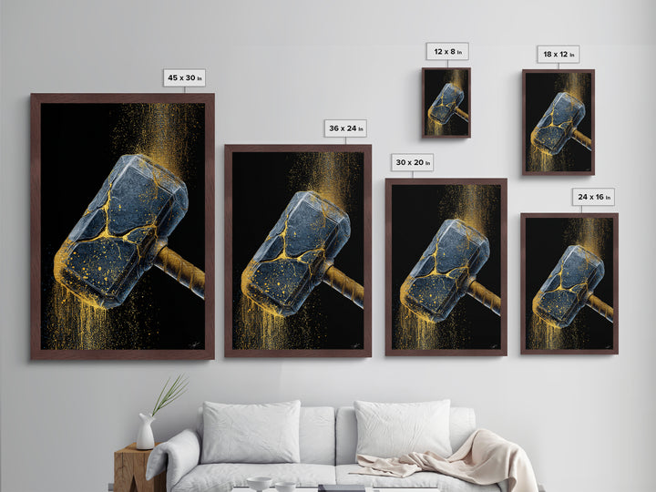 Norse Hammer Metallic Gold Art Metal Art Nordic Mythology Office Decor Dad Gift Modern Wall Hanging in handcrafted wood frame