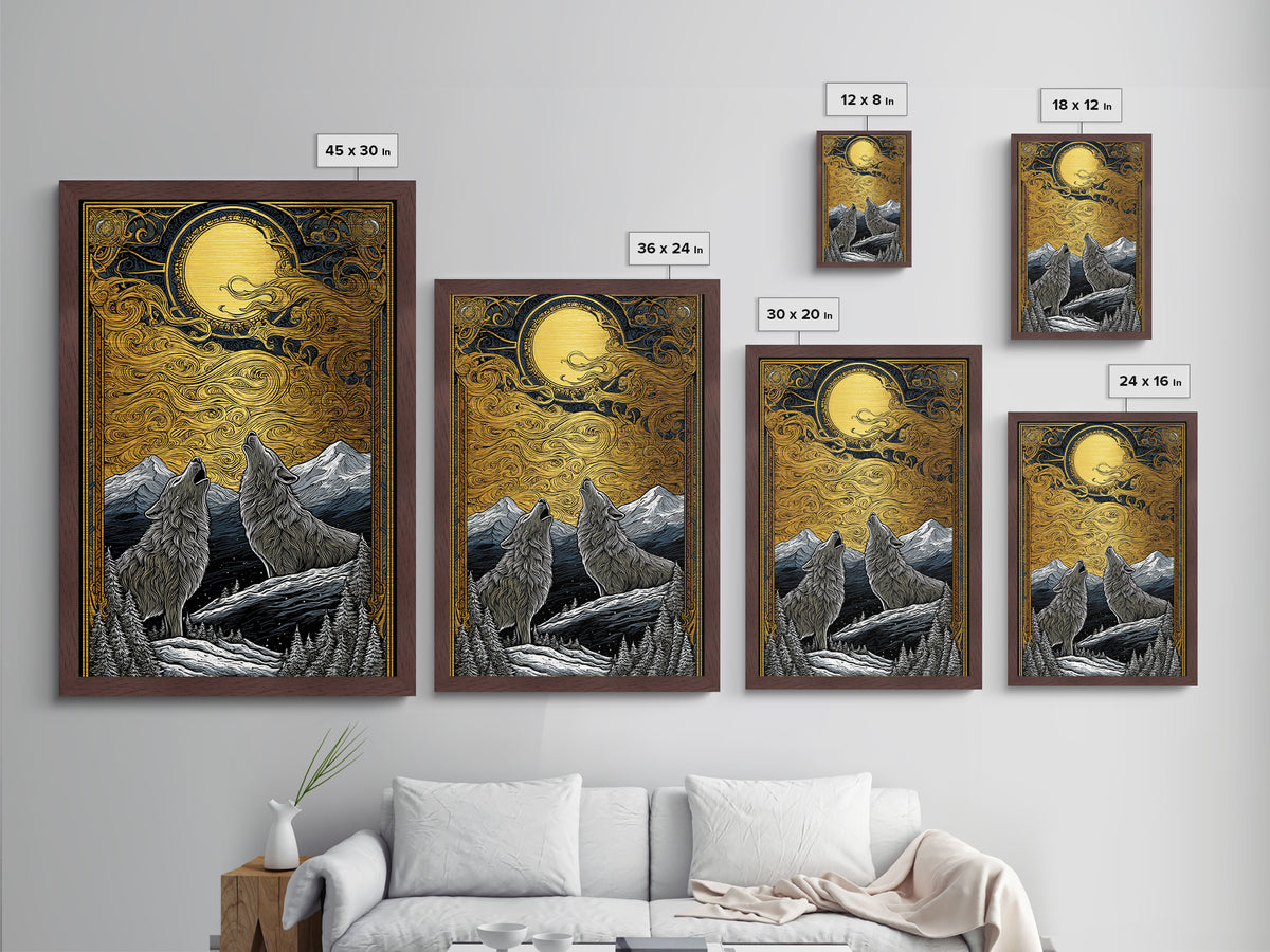 Skoll and Hati Wolves Chasing Sun Metallic Gold Art Metal Art Norse Mythology Nordic Wall Decor Office Art in wood frame