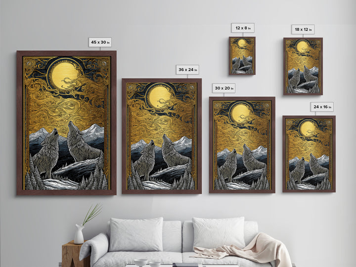 Skoll and Hati Wolves Chasing Sun Metallic Gold Art Metal Art Norse Mythology Nordic Wall Decor Office Art in wood frame