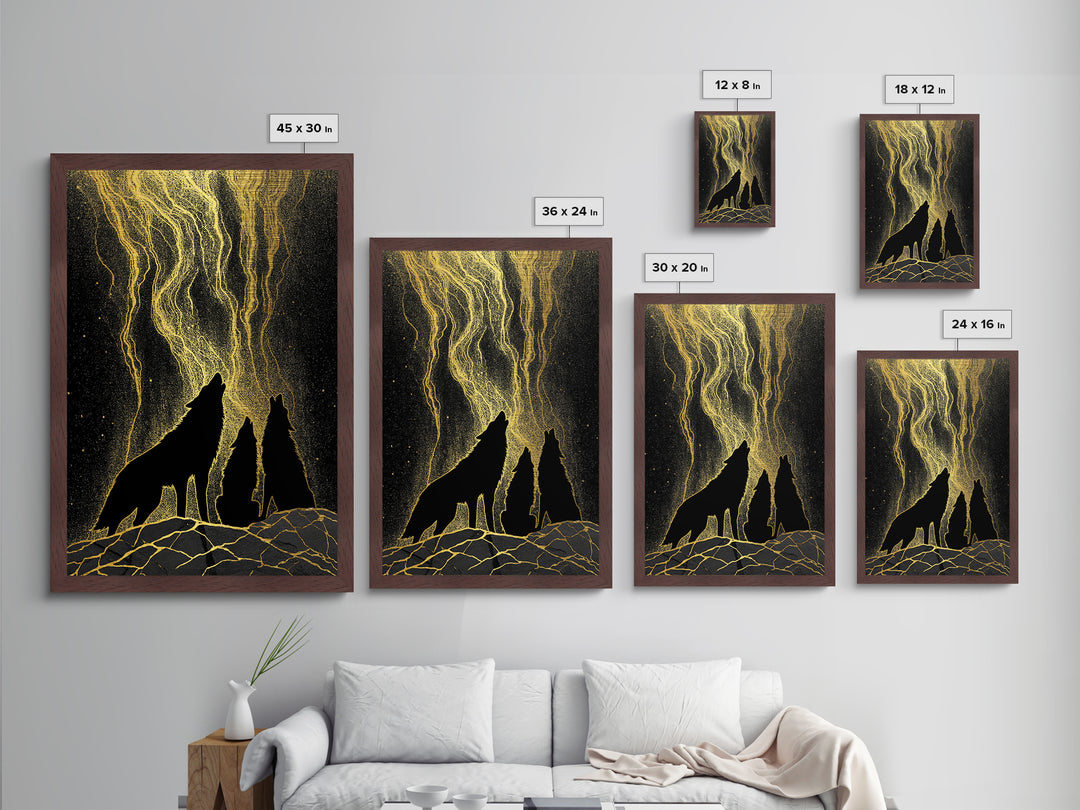 Howling Wolves Under Golden Sky Metallic Gold Art Metal Art Norse Mythology Nordic Decor Man Cave or Office framed in solid wood