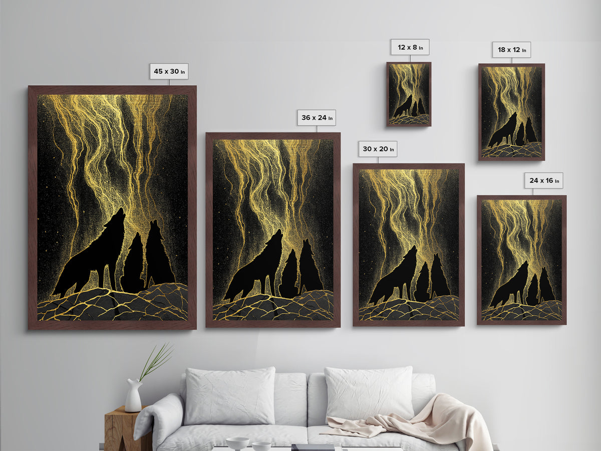 Howling Wolves Under Golden Sky Metallic Gold Art Metal Art Norse Mythology Nordic Decor Man Cave or Office framed in solid wood