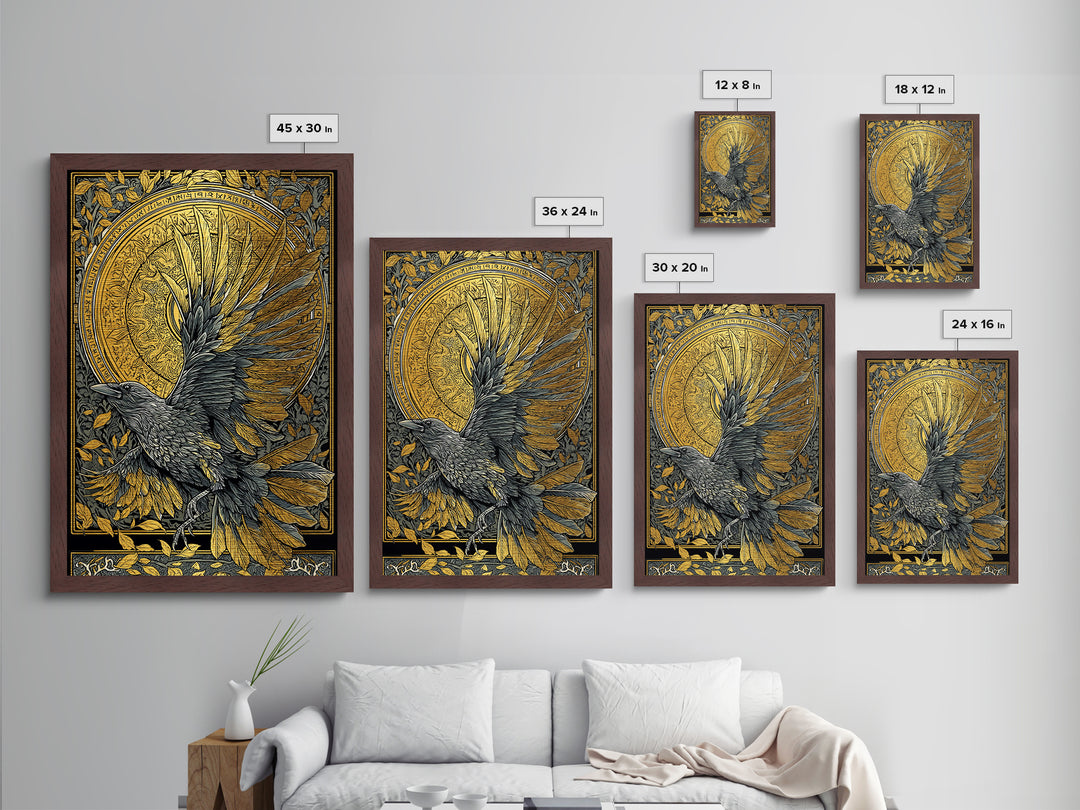 Muninn Raven Metallic Gold Art Metal Art Norse Mythology Nordic Wall Hanging Man Cave Office Decor in real wood frame