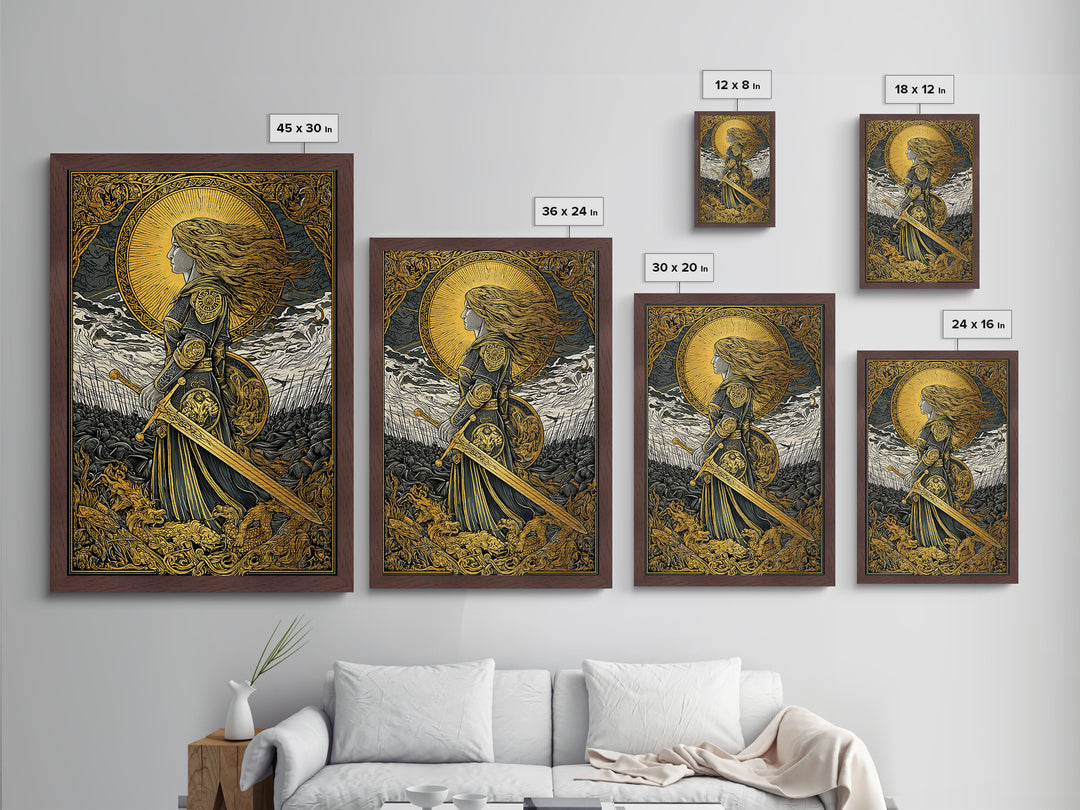 Valkyrie Warrior Metallic Gold Art Metal Art – Norse Mythology Wall Decor, Office or Man Cave Gift, framed in natural wood