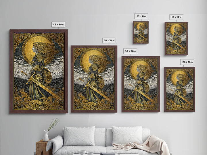 Valkyrie Warrior Metallic Gold Art Metal Art – Norse Mythology Wall Decor, Office or Man Cave Gift, framed in natural wood