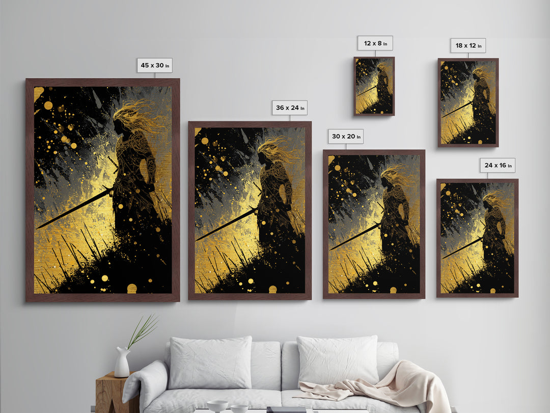 Nordic Warrior Silhouette Metallic Gold Art Metal Art – Viking Mythology Wall Art for Dad Gift or Office, in real wood frame
