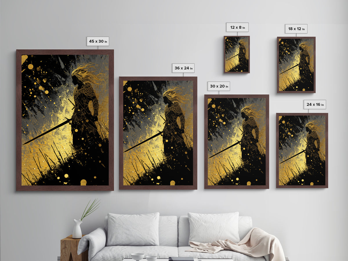 Nordic Warrior Silhouette Metallic Gold Art Metal Art – Viking Mythology Wall Art for Dad Gift or Office, in real wood frame