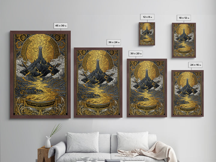 Muspelheim Fire Mountain Metallic Gold Art Metal Art | Viking Mythology Lava Landscape Wall Art | Natural Wood Frame Included