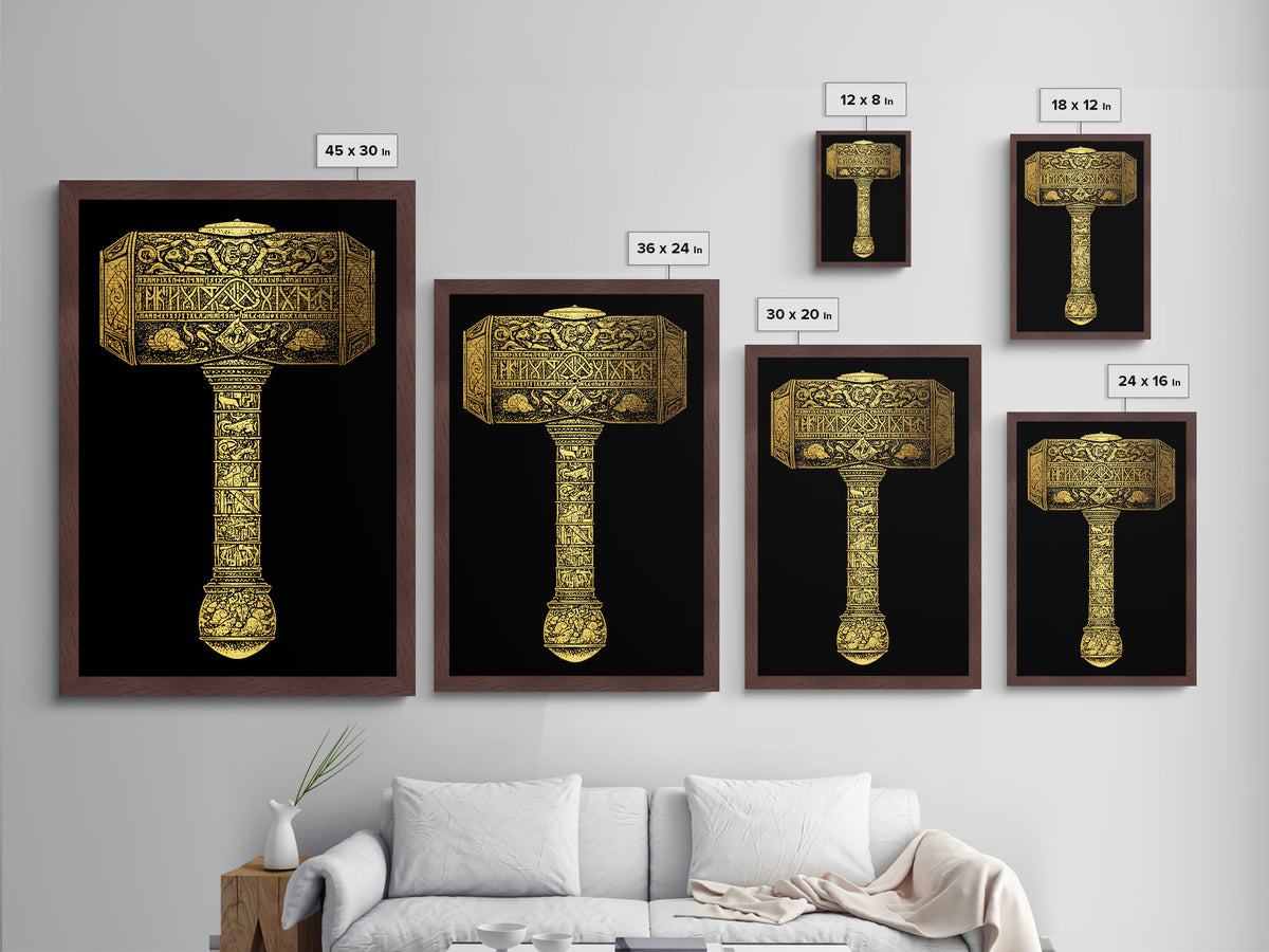 Viking Mjölnir Hammer Metallic Gold Art Metal Art | Nordic Mythology Pagan Symbol Wall Art Dad Gift | Office Decor in Wood Frame