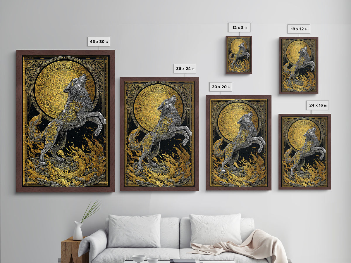 Mythic Wolf Spirit Metallic Gold Art Metal Art | Norse Viking Wall Art Pagan Symbol Decor for Man Cave | Set with Natural Wood Frame