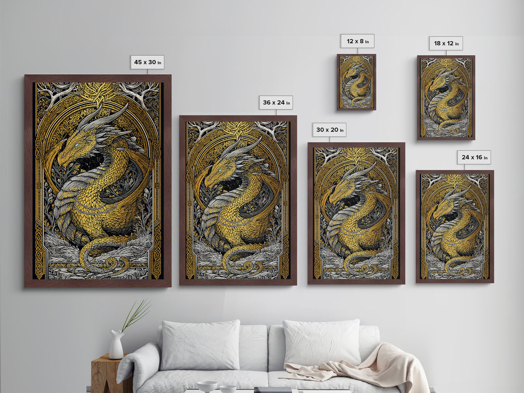 Nordic Dragon Metallic Gold Art Metal Art | Viking Mythology Wall Decor for Dad Gift or Office Art | With Natural Wood Frame