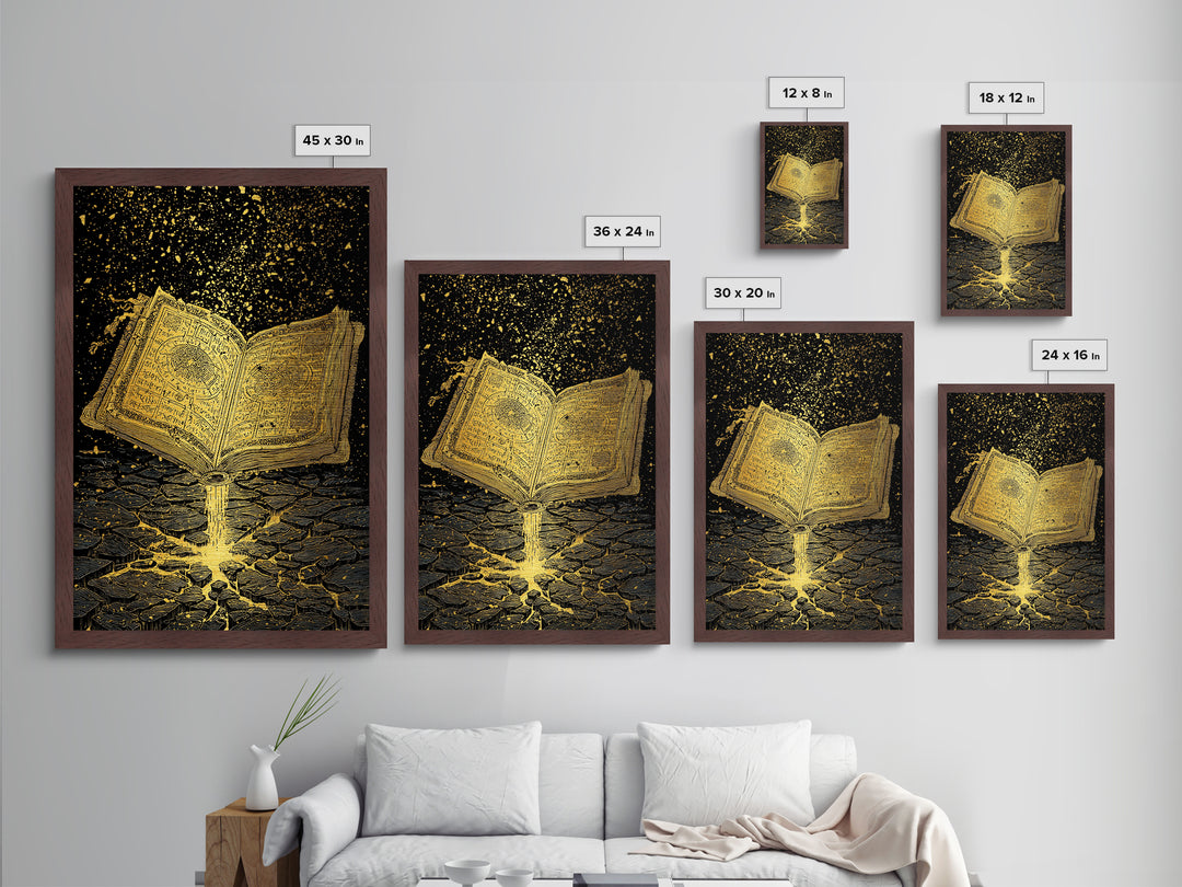 Nordic Spellbook Metallic Gold Art Metal Art | Viking Runes Mythology Wall Decor for Man Cave or Office | Framed with Wood