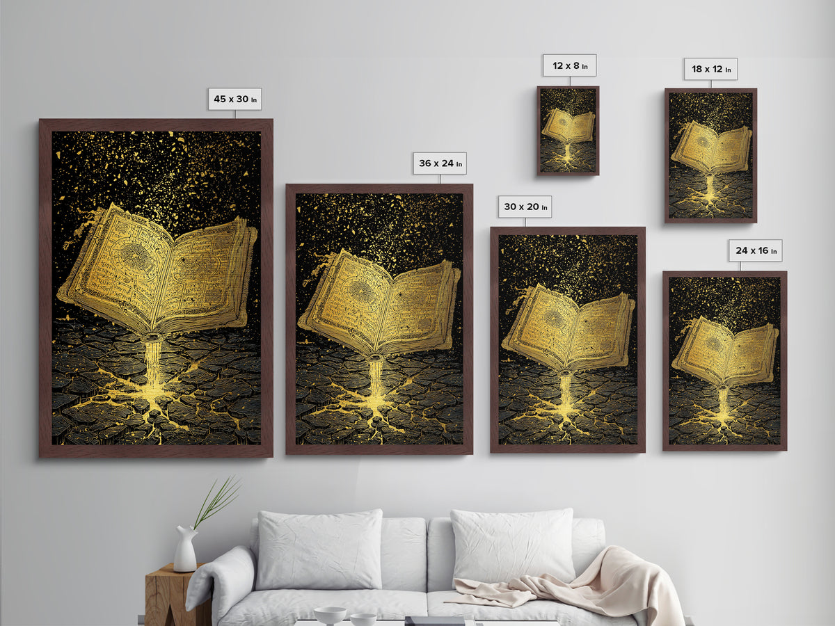 Nordic Spellbook Metallic Gold Art Metal Art | Viking Runes Mythology Wall Decor for Man Cave or Office | Framed with Wood