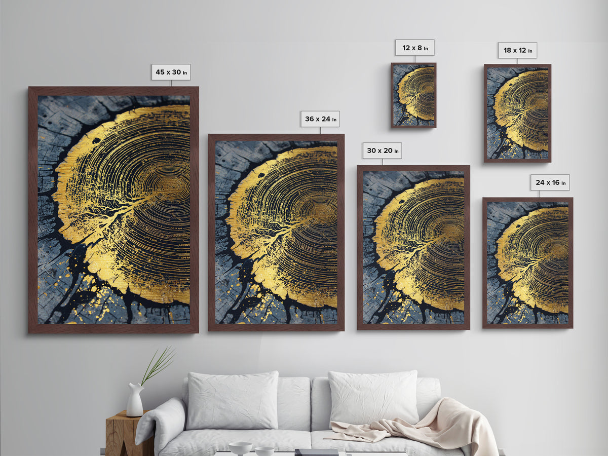 Odin’s Yggdrasil Tree Ring Metallic Gold Art, Nordic Mythology Metal Art for Man Cave or Office, framed in natural real wood