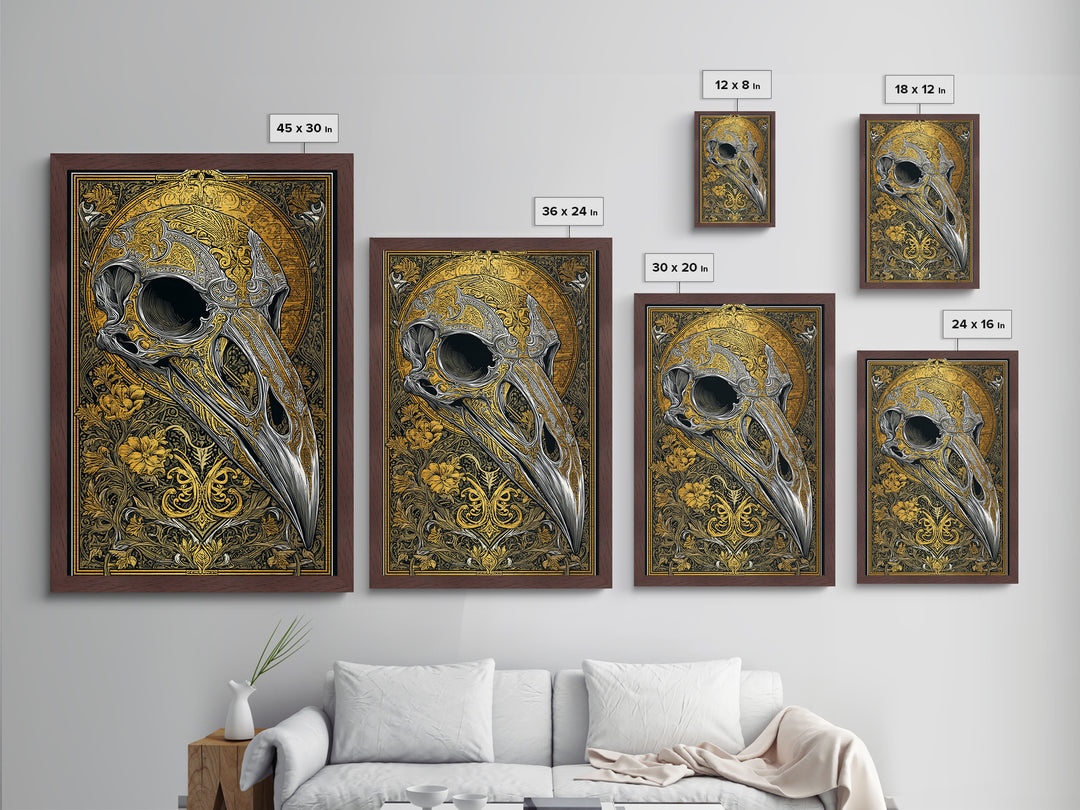 Norse Crow Skull Metallic Gold Art, Nordic Mythology Metal Art for Man Cave or Office, framed in handcrafted real wood frame