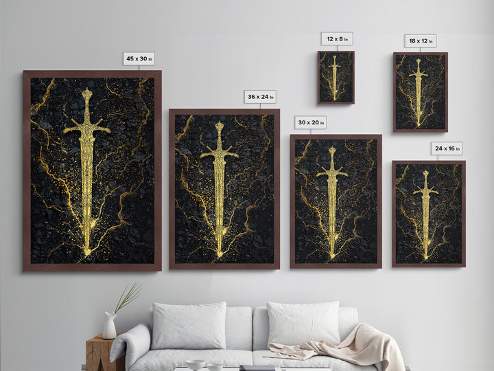 Nordic Sword of Legends Metallic Gold Art, Norse Mythology Inspired Metal Art for Man Cave or Office, with real wood frame