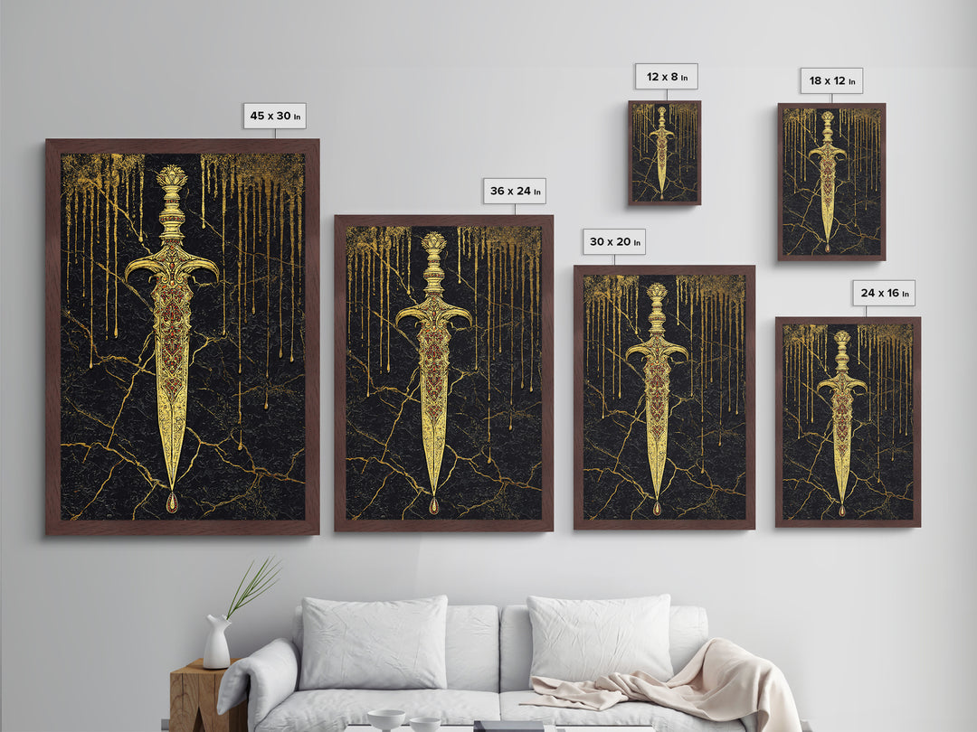 Norse Royal Dagger Metallic Gold Art Metal Art | Viking Weapon Mythology Wall Decor Office Art | Framed with Solid Natural Wood