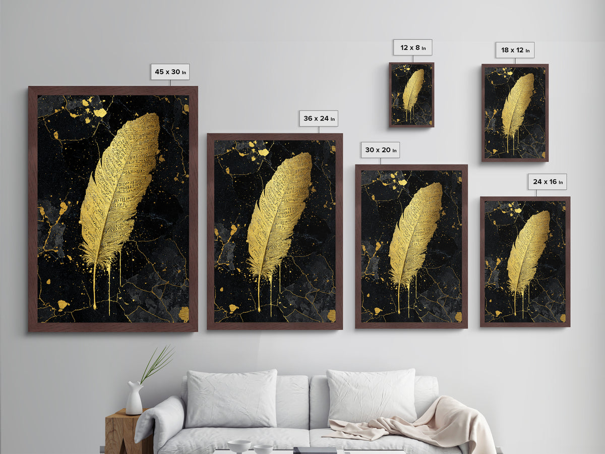Runic Feather Metallic Gold Art, Nordic Mythology Inspired Metal Art for Office or Man Cave, Framed in Natural Wood