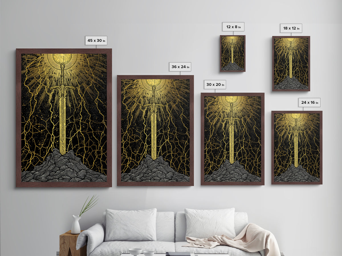 Viking Sword Metallic Gold Art, Norse Mythology Weapon Metal Art with Lightning, Office Wall or Dad Gift, Framed in Wood