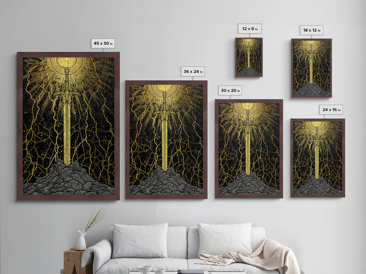 Viking Sword Metallic Gold Art, Norse Mythology Weapon Metal Art with Lightning, Office Wall or Dad Gift, Framed in Wood