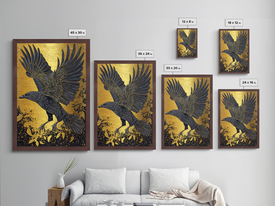 Raven of Odin Metallic Gold Art Metal Art | Norse Mythology Wall Decor | Viking Symbol Office Art Dad Gift | Natural Wood Frame
