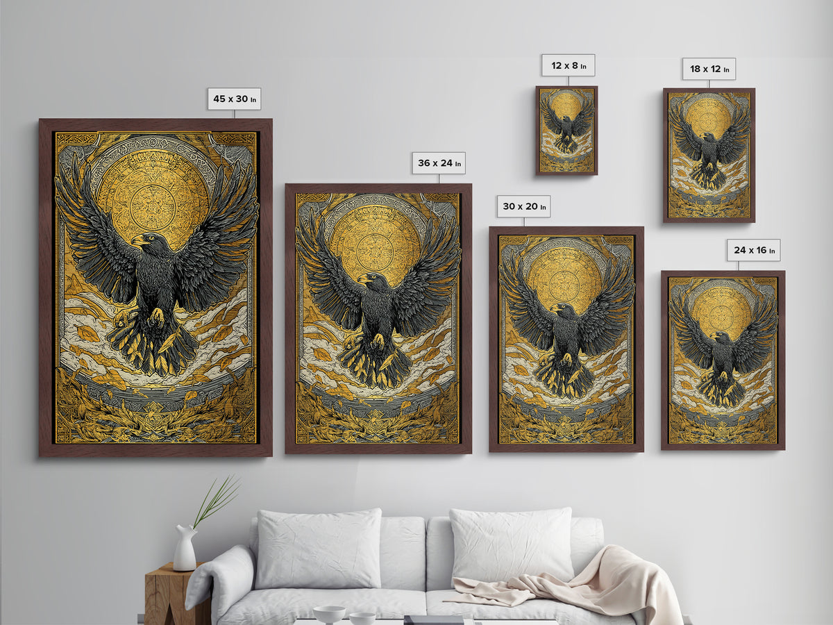 Nordic Eagle Guardian Metallic Gold Art Metal Art | Viking Wall Decor Norse Mythology Art for Men | Mounted in Real Wood Frame