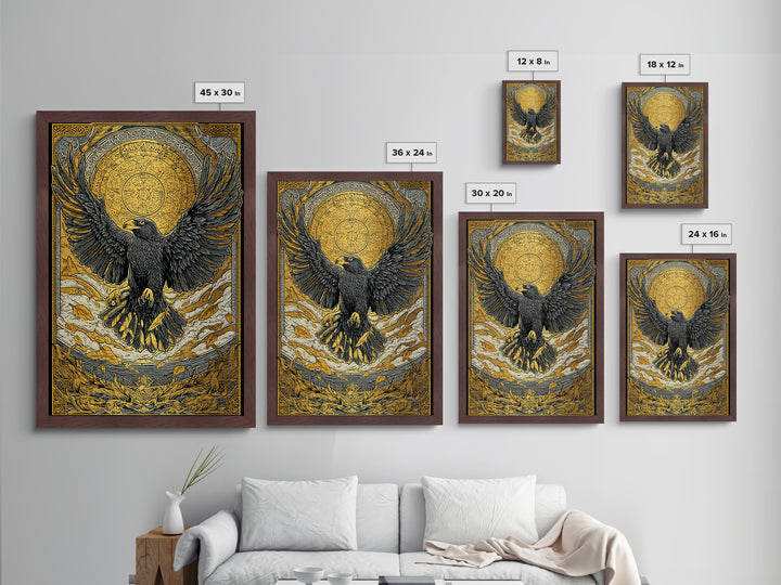 Nordic Eagle Guardian Metallic Gold Art Metal Art | Viking Wall Decor Norse Mythology Art for Men | Mounted in Real Wood Frame