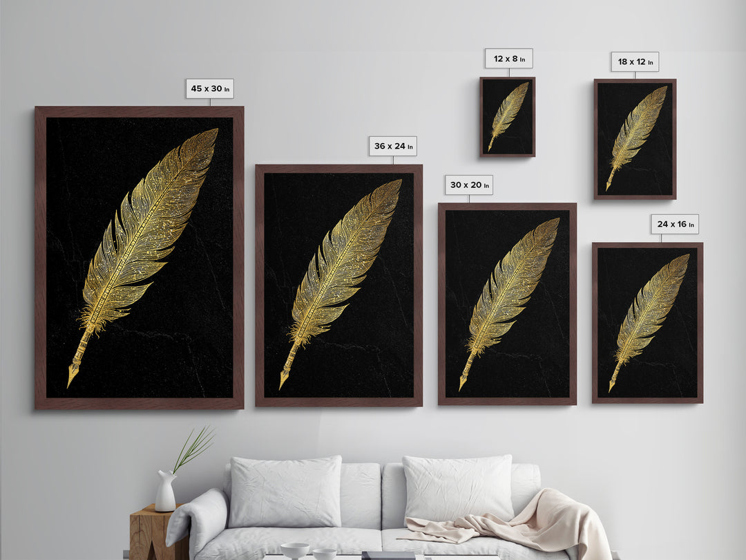 Runic Feather Quill Metallic Gold Art Metal Art | Viking Mythology Writing Symbol Wall Decor | Office or Study Gift with Wood Frame