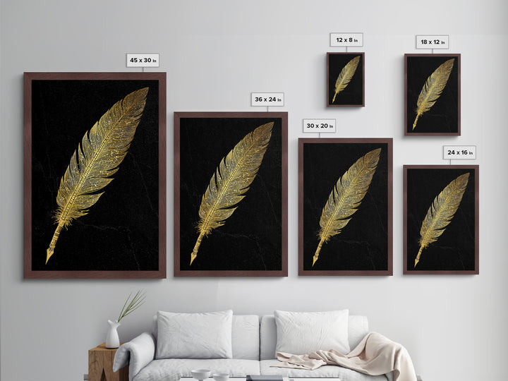 Runic Feather Quill Metallic Gold Art Metal Art | Viking Mythology Writing Symbol Wall Decor | Office or Study Gift with Wood Frame